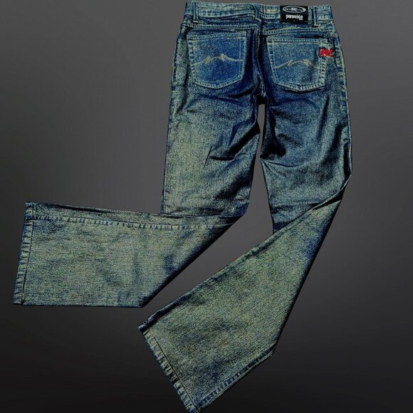 Y2K Parasuco Bootcut Jeans Size 28 Dark Wash Metallic Gold Coated Extreme Fit - Picture 1 of 11